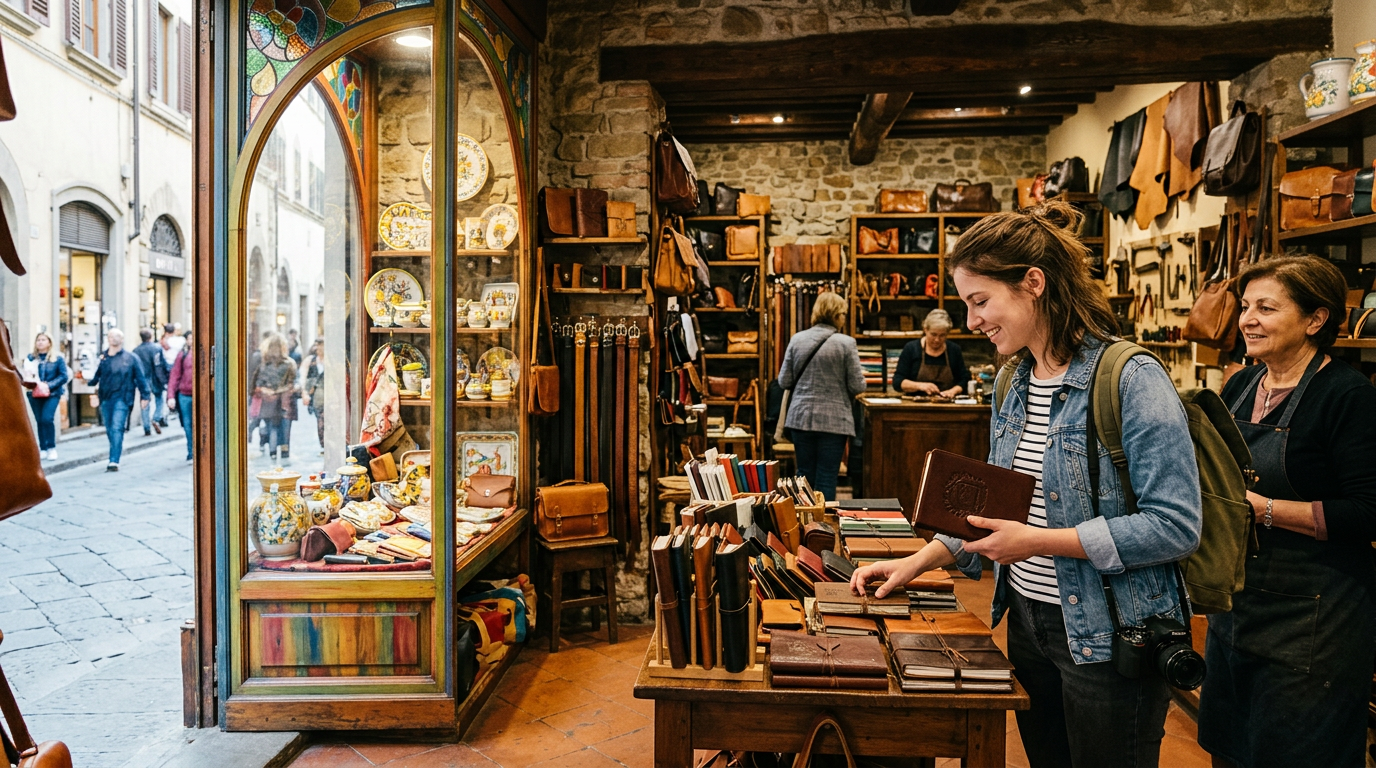 Bottega artigianale fiorentina con oggetti in cuoio e carta marmorizzata