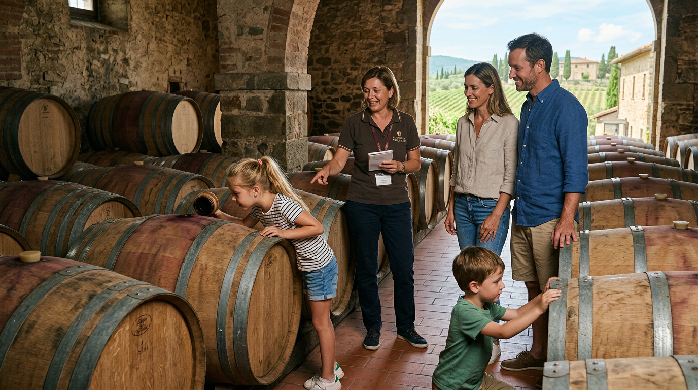 Botte di vino in una cantina toscana con luce soffusa e archi in pietra