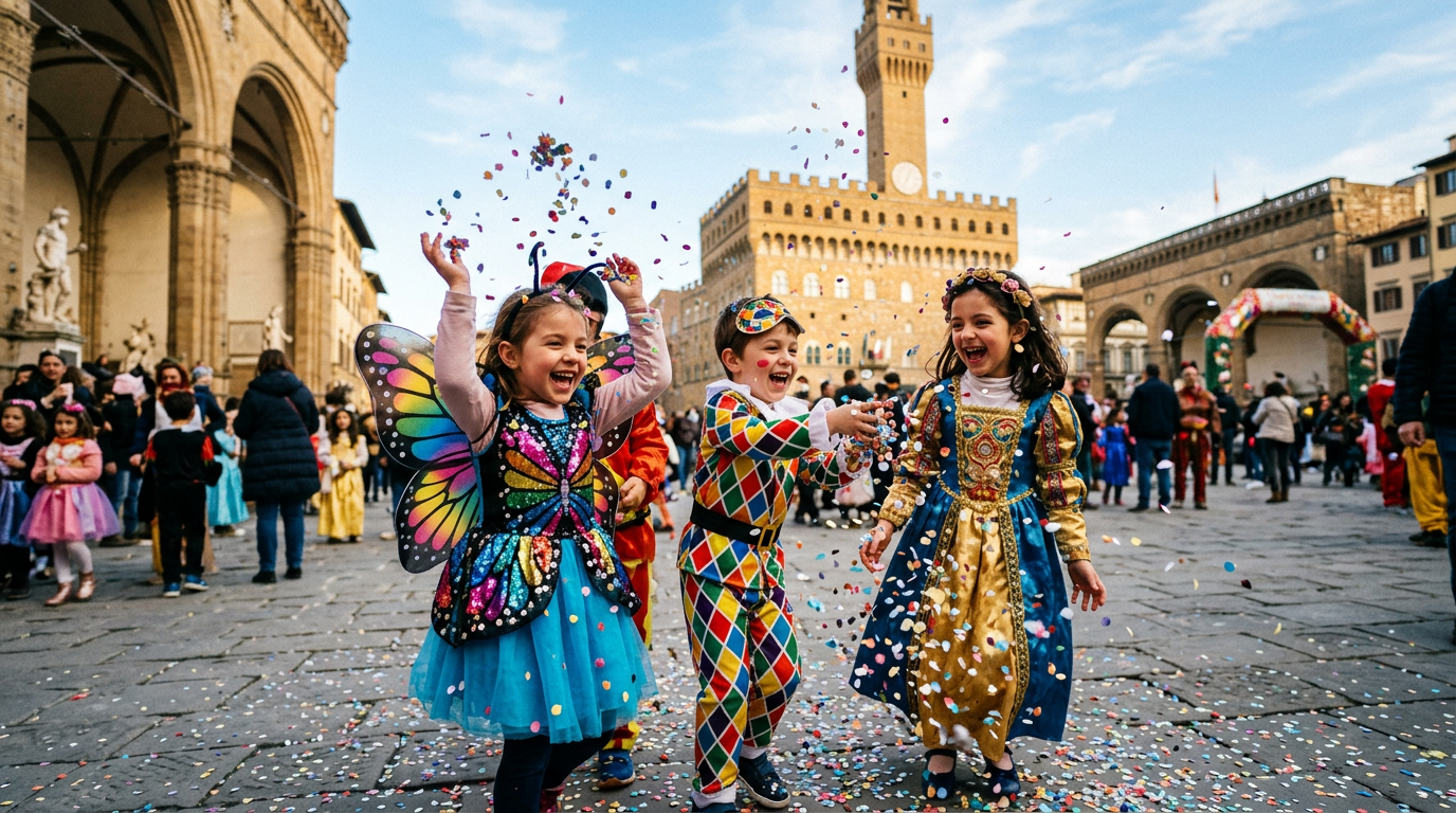 Bambini mascherati in piazza durante il Carnevale di Firenze con coriandoli