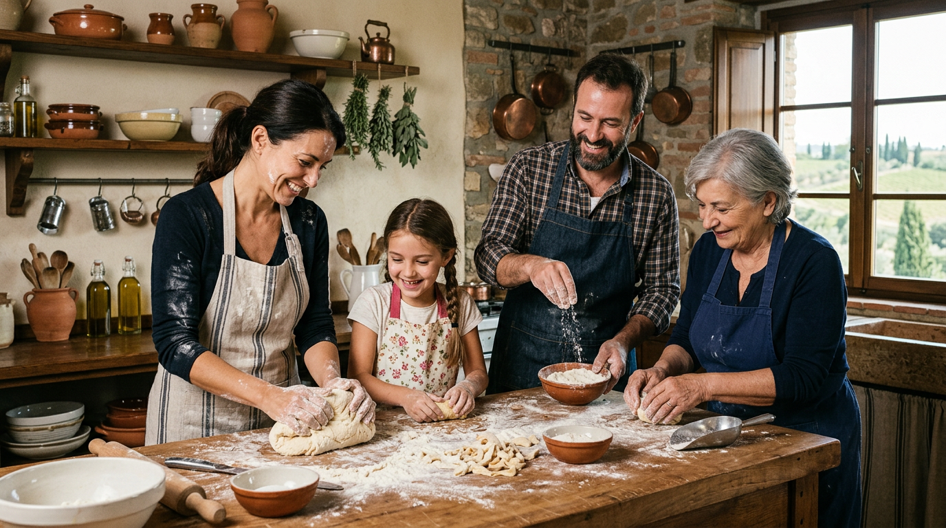Bambini e genitori che preparano la pasta fresca in una cucina fiorentina