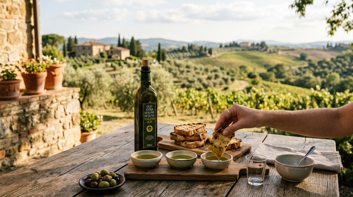 Bicchierini di olio extravergine d'oliva toscano su tavolo di legno con pane