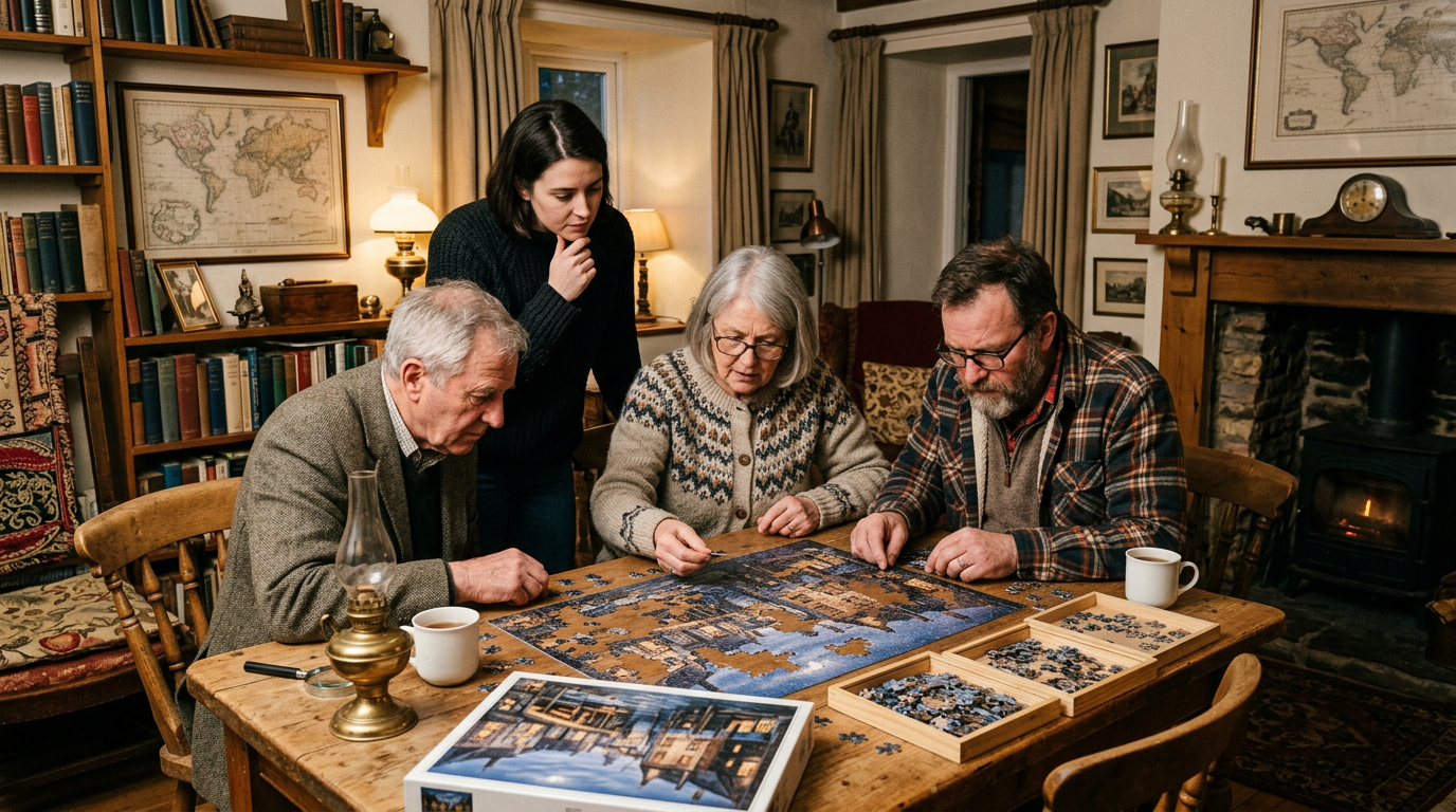 Stanza buia di una escape room con enigmi e lucchetti su un tavolo