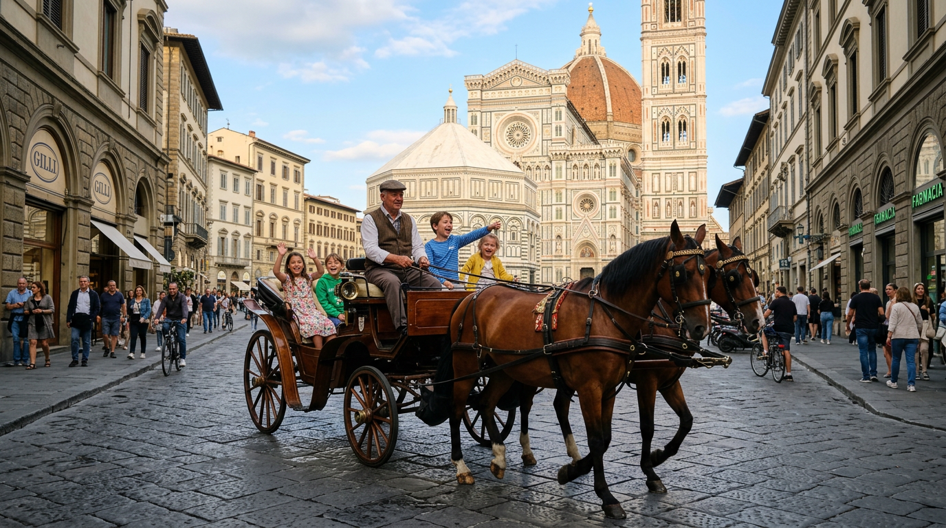 Carrozza con cavalli nel centro storico di Firenze per famiglie