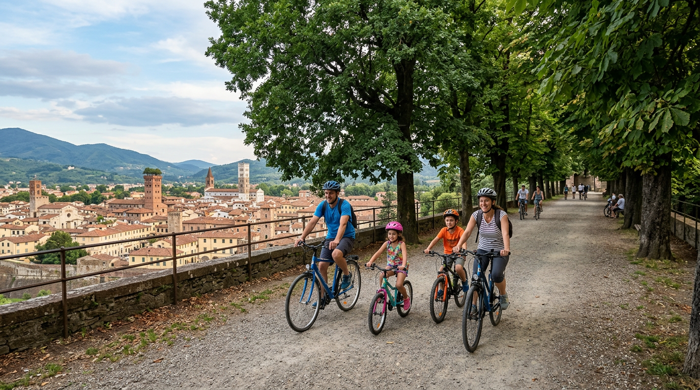 Le mura rinascimentali di Lucca con alberi in cima e bici parcheggiate