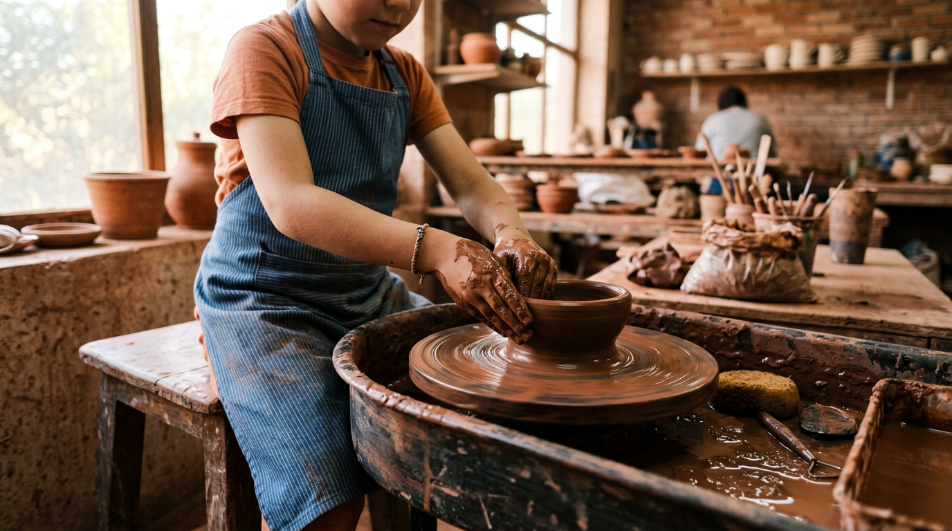 Bambino al laboratorio di ceramica a Firenze con le mani nell'argilla