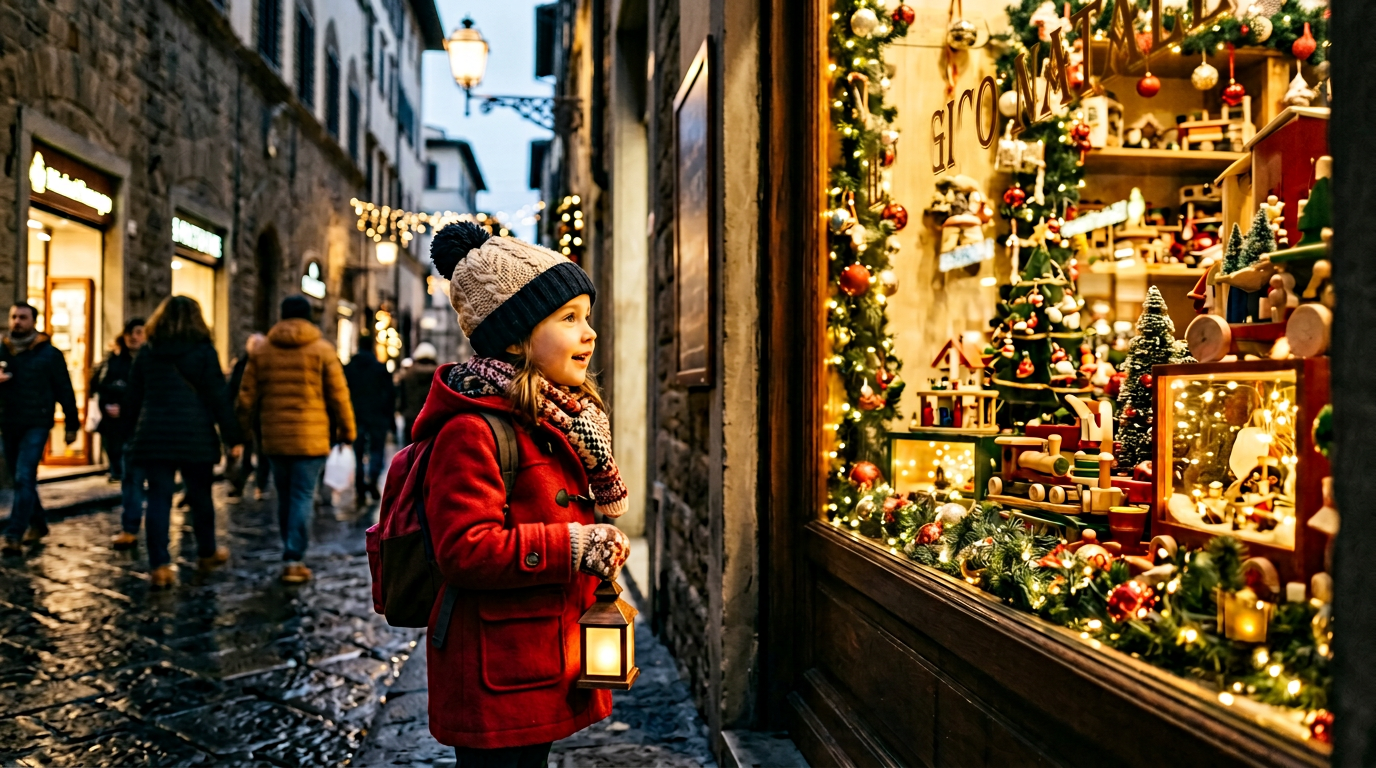 Bambini al mercatino di Natale di Firenze con le luci della città