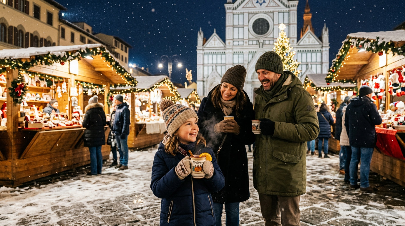 Mercatino di Natale a Firenze con luci, bancarelle e bambini che guardano