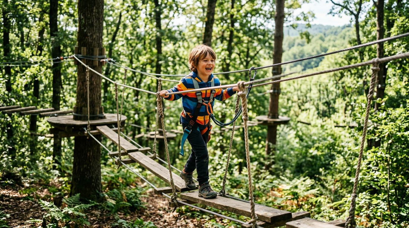 Bambino su un percorso avventura tra gli alberi vicino a Firenze