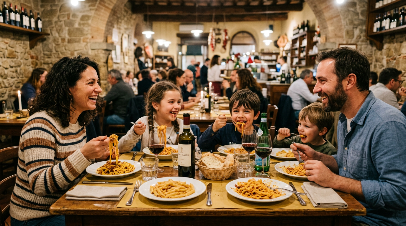 Tavolo di una trattoria fiorentina con piatti di pasta e bambini seduti