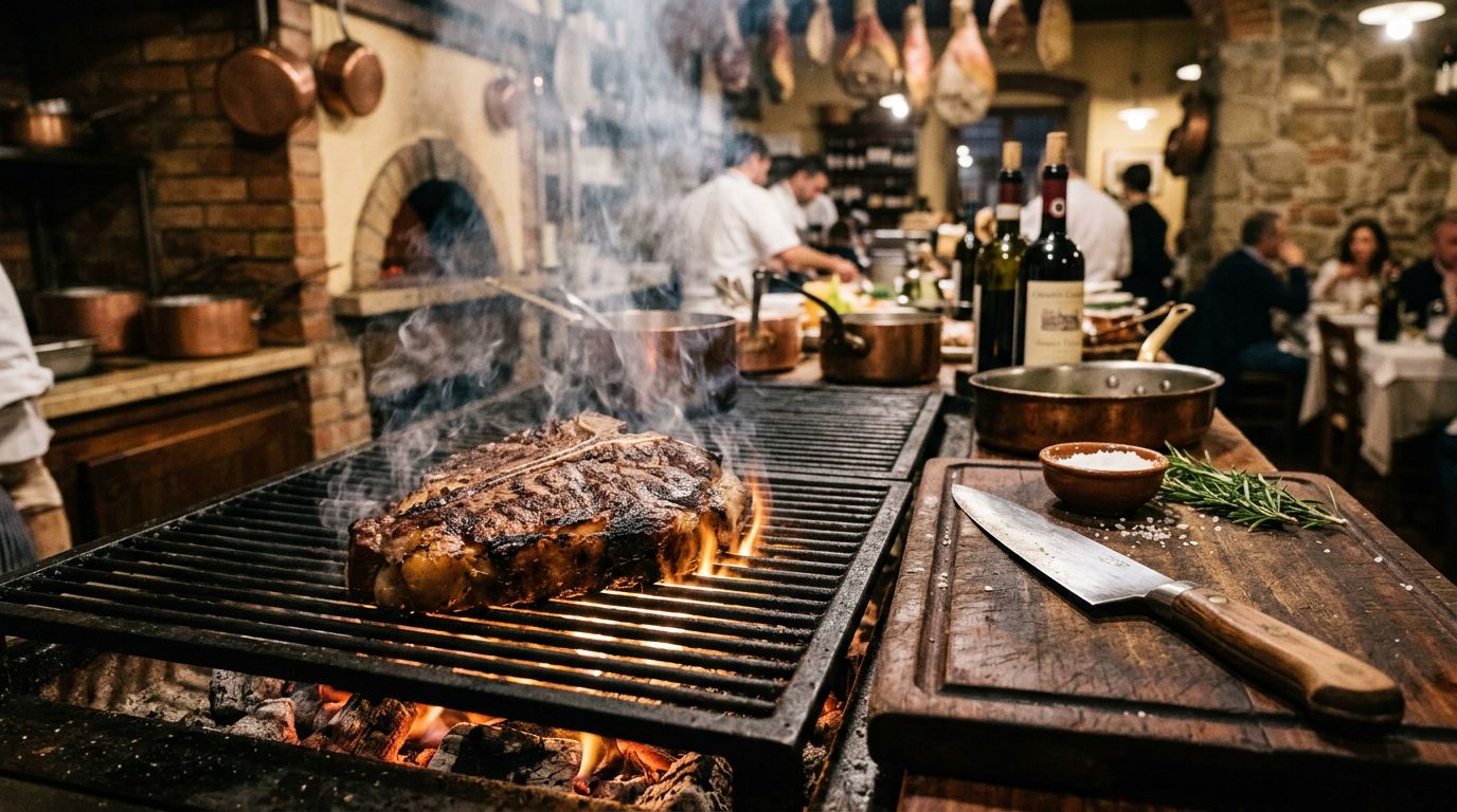 Bistecca fiorentina al sangue su tagliere di legno con rosmarino e sale grosso
