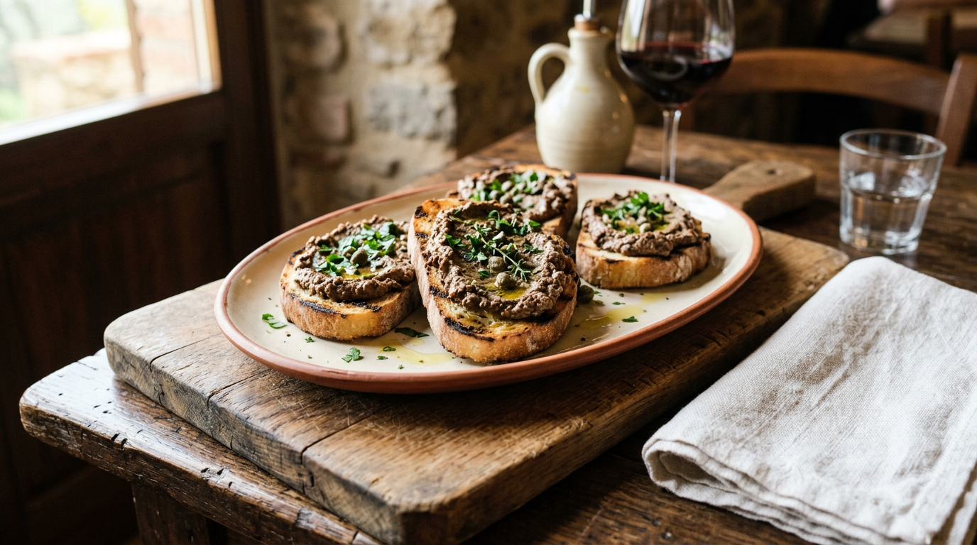 Piatto di crostini toscani con fegatini e pomodoro su tovaglia di lino