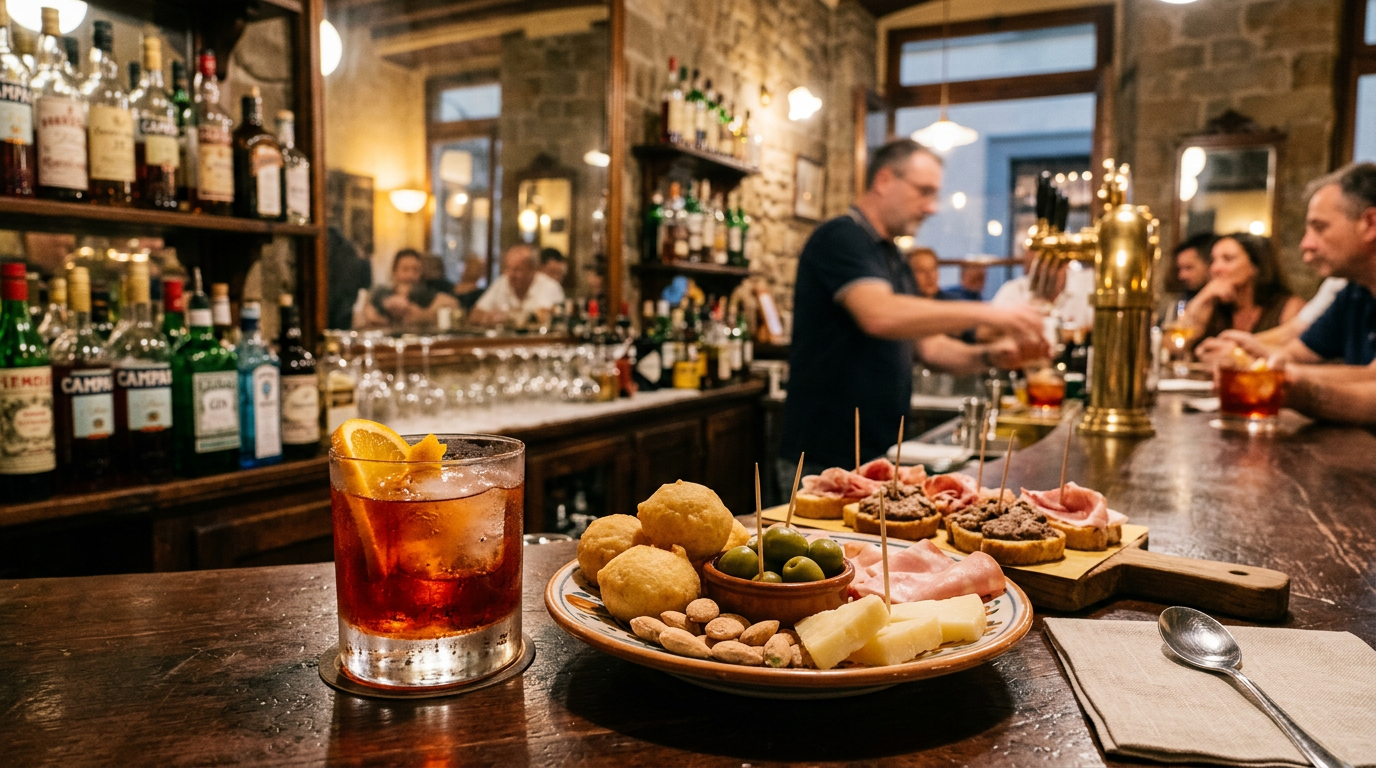 Un Negroni servito in un'enoteca dell'Oltrarno fiorentino al tramonto