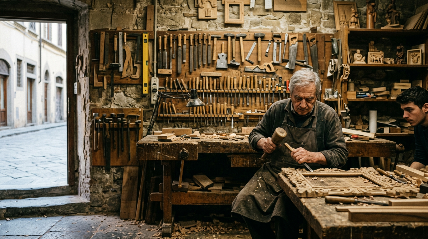 Artigiano fiorentino al lavoro nella sua bottega nell'Oltrarno tra strumenti e materiali