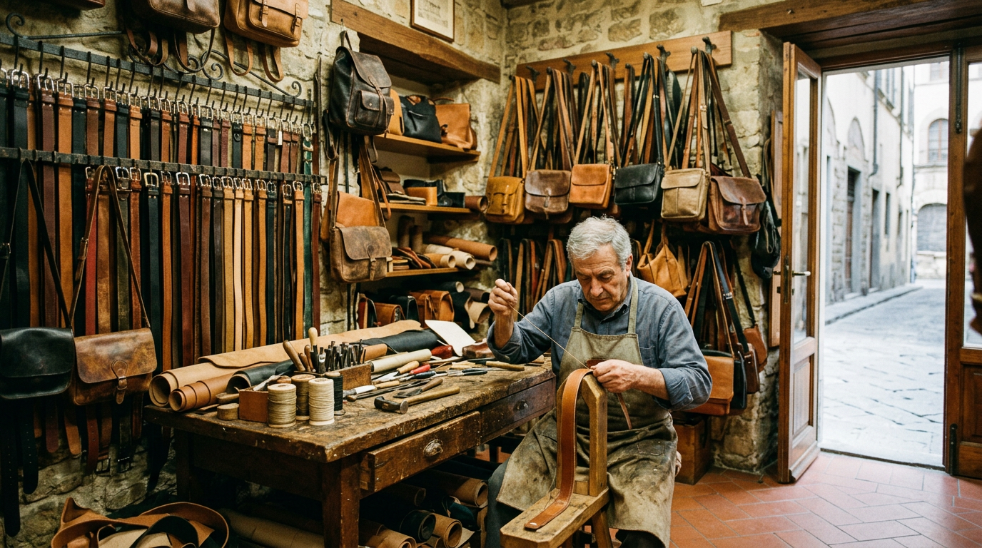 Artigiano del cuoio fiorentino che cuce una borsa a mano nella sua bottega dell'Oltrarno