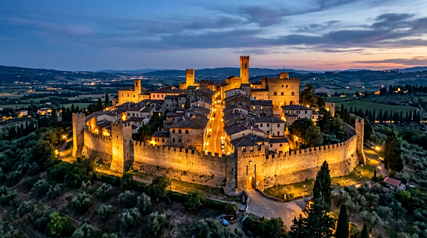 Vista di Certaldo Alto con le case medievali in mattoni rossi sulla collina