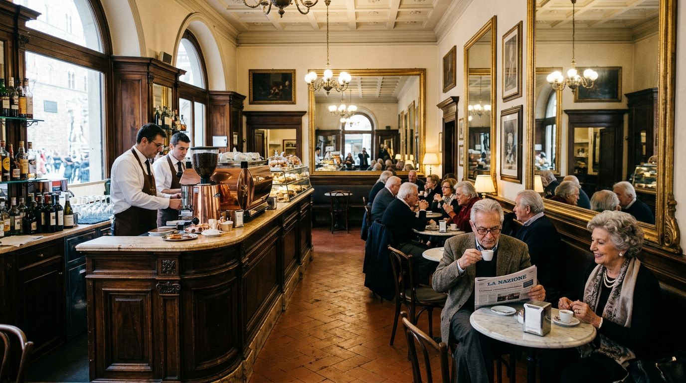 Bancone di un bar storico fiorentino con macchina da caffè e vetrina di dolci