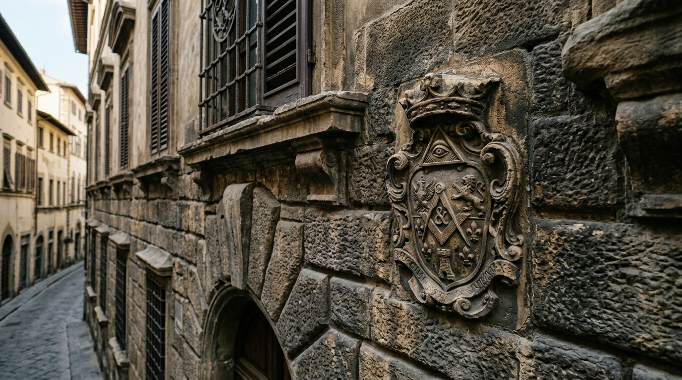 Dettaglio di stemma araldico scolpito su palazzo storico dell'Oltrarno a Firenze
