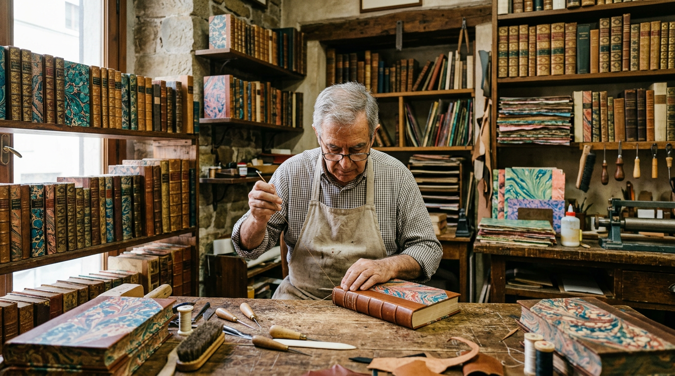Fogli di carta marmorizzata fiorentina colorata su banco di legatoria artigianale