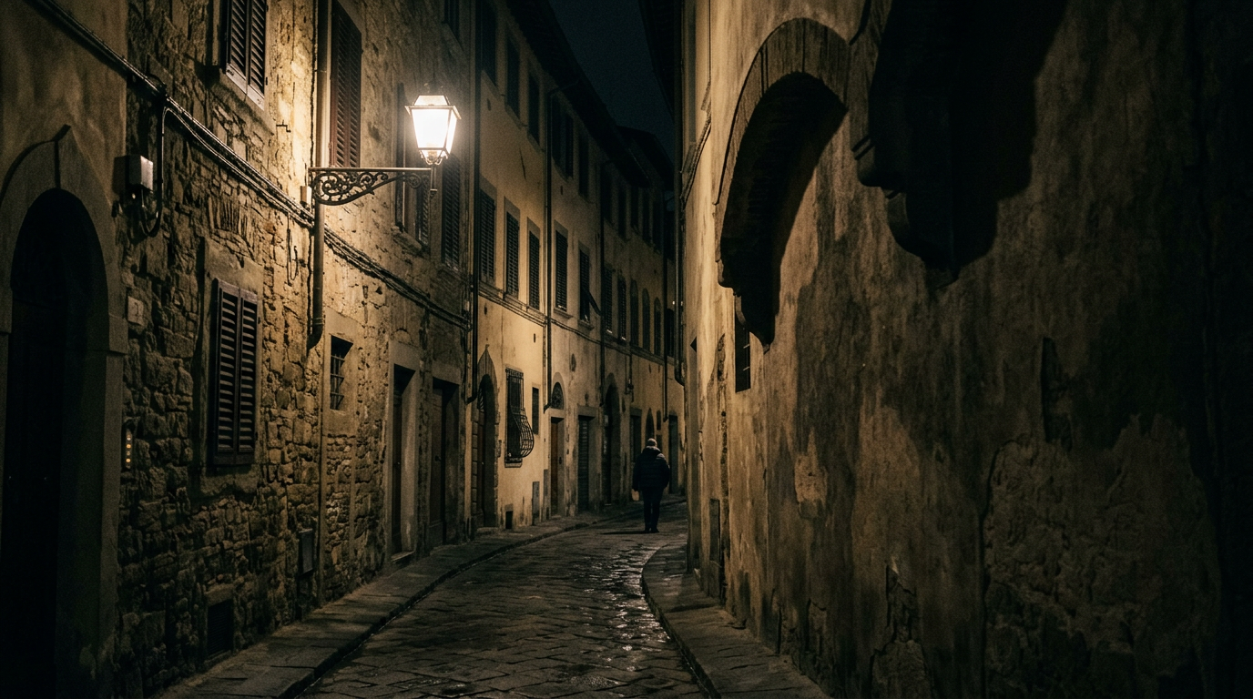 Vicolo stretto dell'Oltrarno di Firenze di notte con lampione e palazzi alti