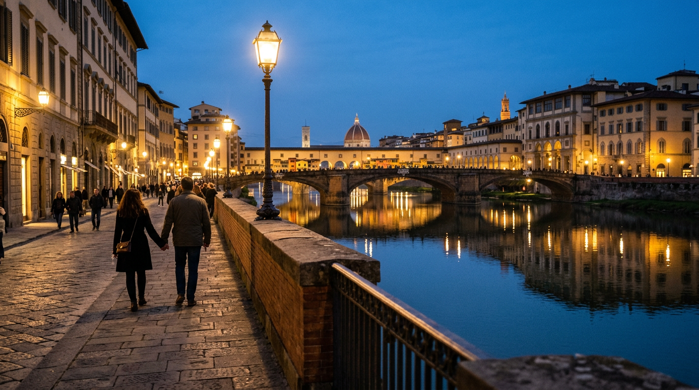 Lungarno di Firenze al tramonto con i ponti illuminati sull'acqua