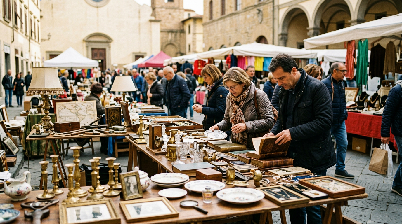 Bancarelle del mercato dell'antiquariato in Piazza Santo Spirito a Firenze
