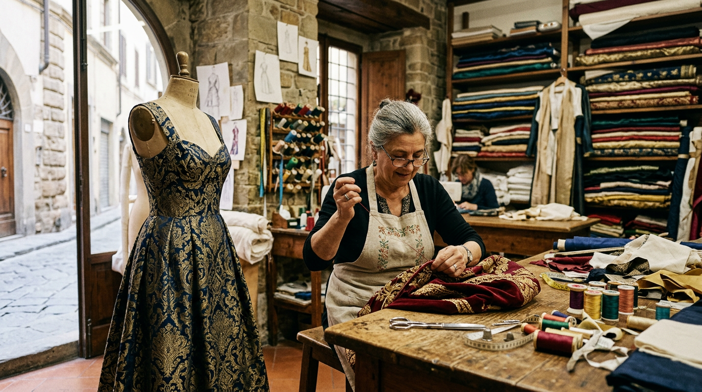 Sarto fiorentino al lavoro in una sartoria artigianale con tessuti e manichino da sartoria