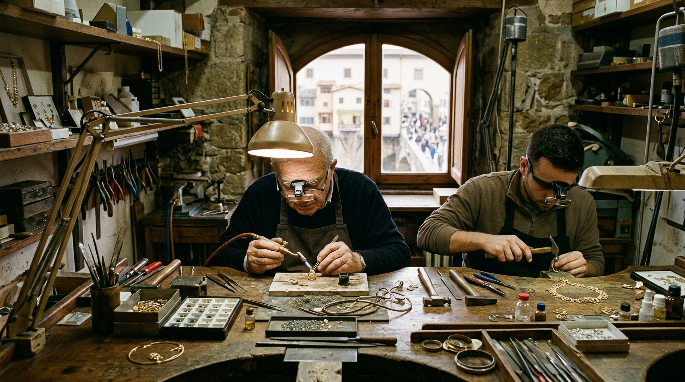 Vetrina di orafo artigianale fiorentino su Ponte Vecchio con gioielli in oro e pietre