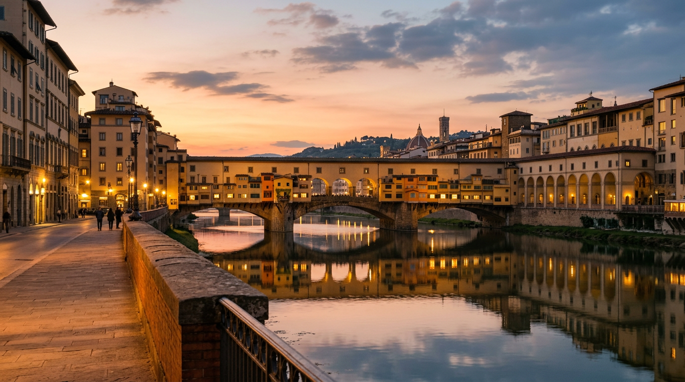 Panorama notturno dei ponti di Firenze sull'Arno con Ponte Vecchio illuminato
