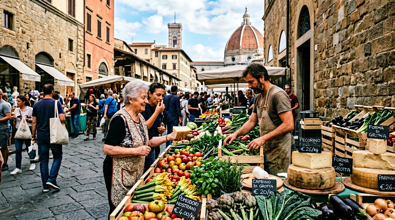Banco di un produttore locale al mercato contadino di Firenze con verdure di stagione