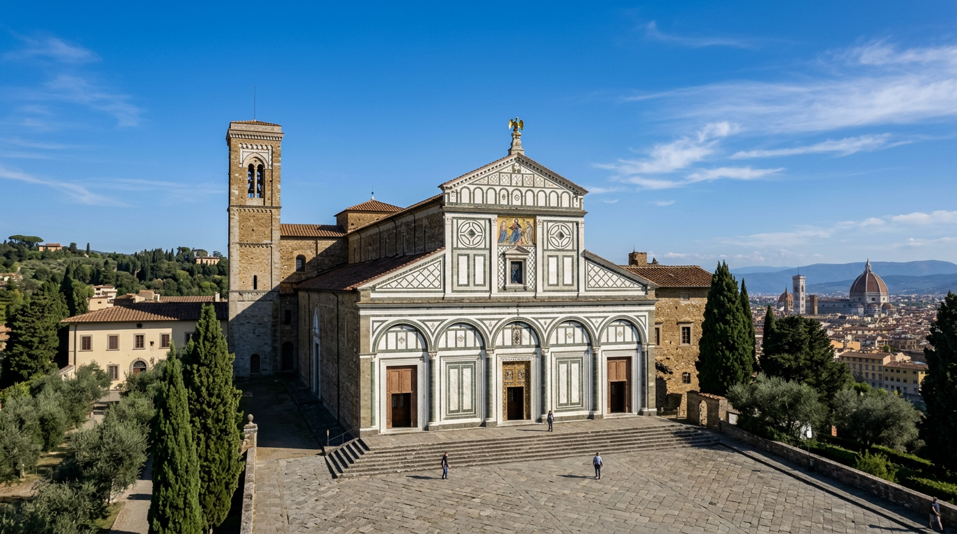 Facciata romanica di San Miniato al Monte con il mosaico dorato e Firenze sullo sfondo