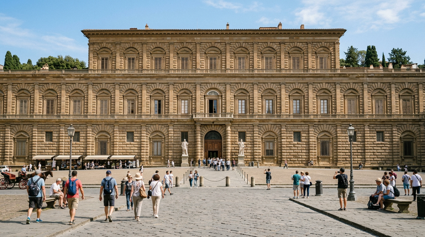 Facciata di Palazzo Pitti a Firenze con la piazza lastricata davanti