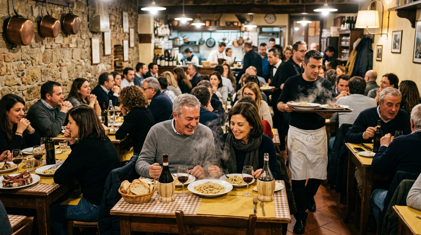 Trattoria fiorentina con tavoli all'aperto e clienti locali a pranzo