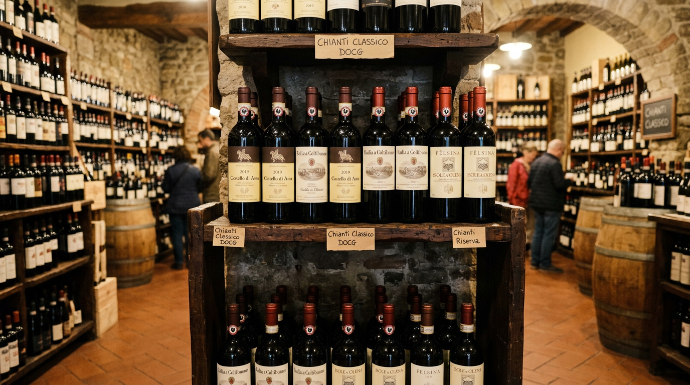 Scaffale di bottiglie di Chianti in un'enoteca fiorentina con etichette di produttori artigianali