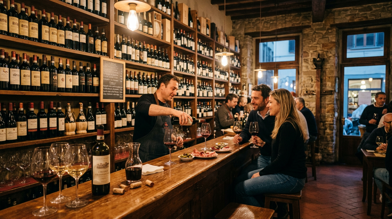 Bancone di enoteca nell'Oltrarno con bottiglie di vino naturale toscano in esposizione