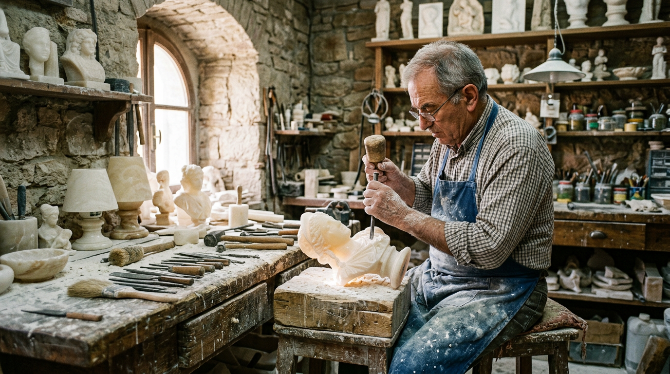 Artigiano di Volterra al lavoro su un pezzo di alabastro nel suo laboratorio