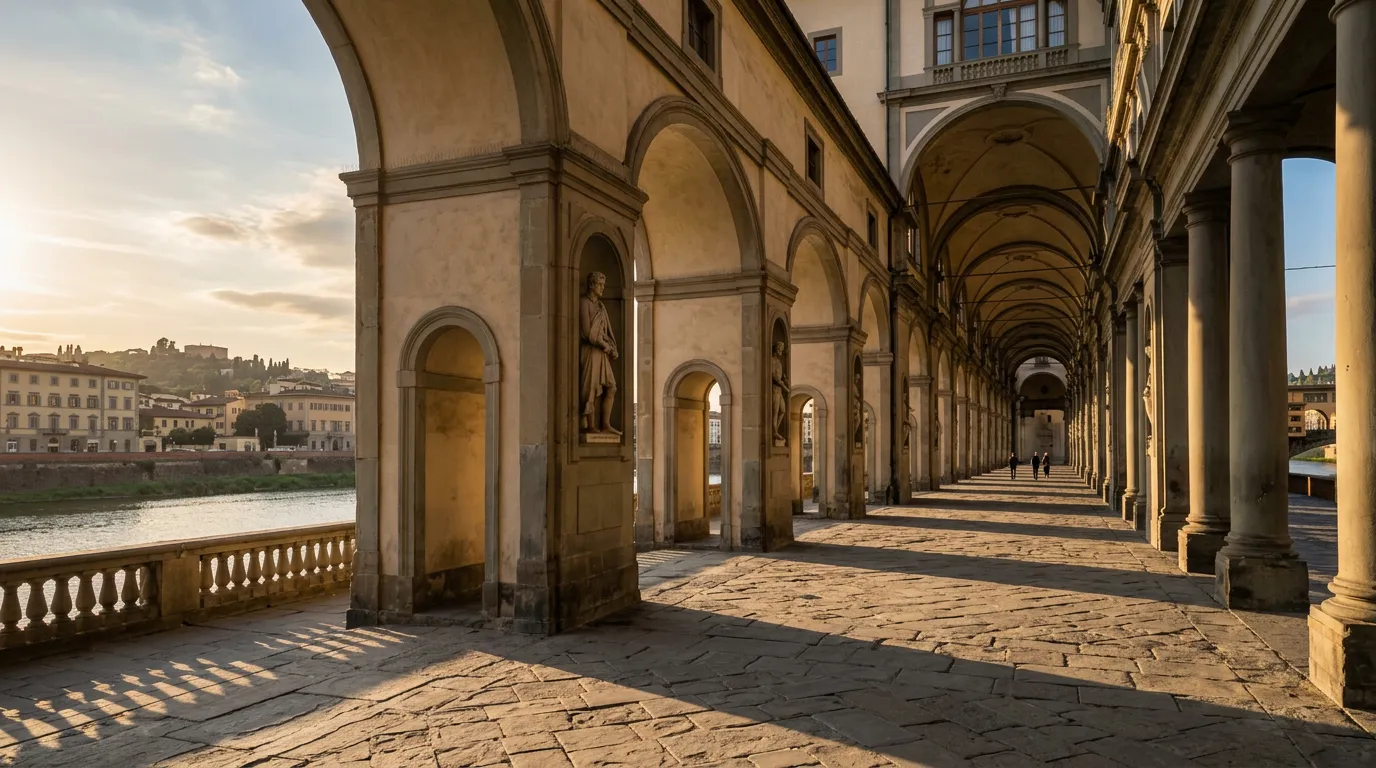 Esterno delle Gallerie degli Uffizi a Firenze con la fila di visitatori