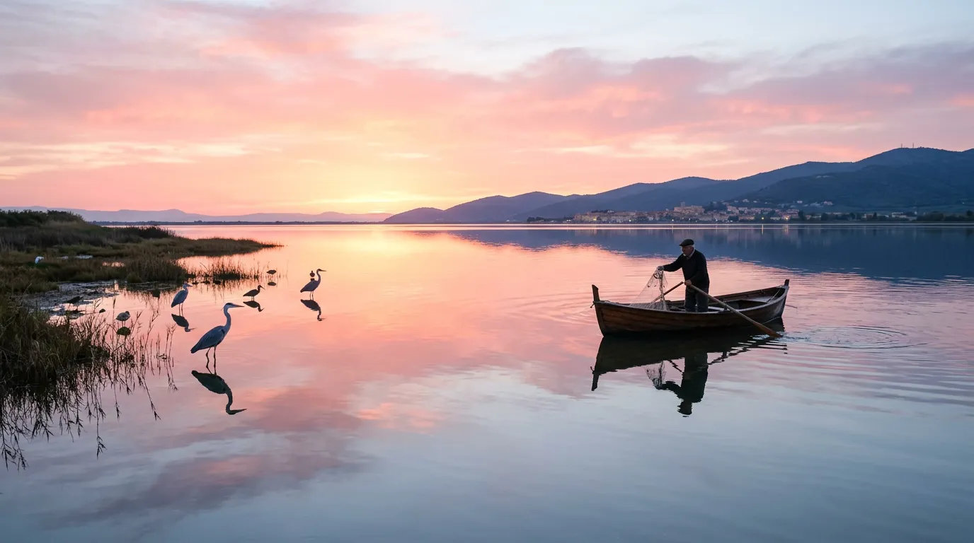 Vista sulla laguna di Orbetello con la città sullo sfondo e i fenicotteri rosa