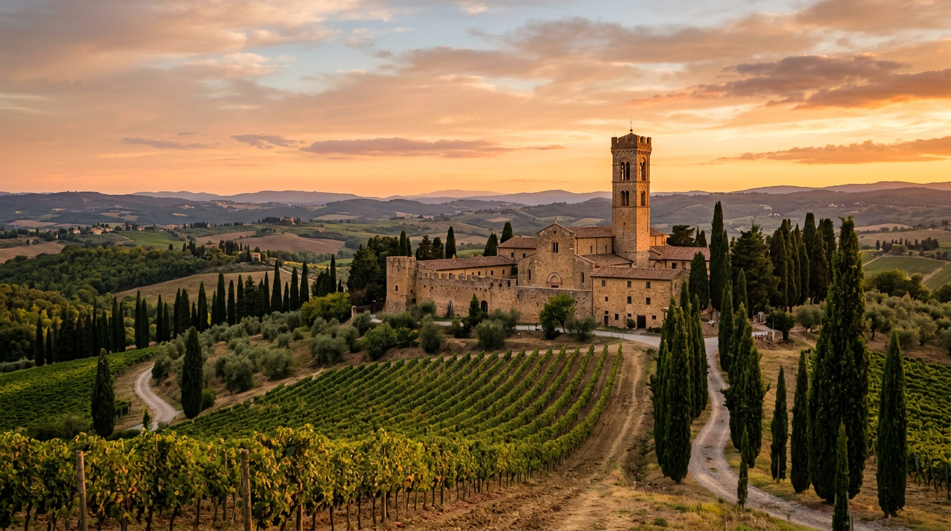 Abbazia di Passignano tra i vigneti del Chianti in autunno
