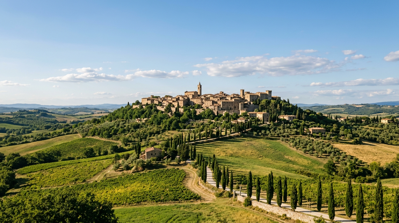 Casole d'Elsa con la Collegiata medievale e il paesaggio della Valdelsa in lontananza