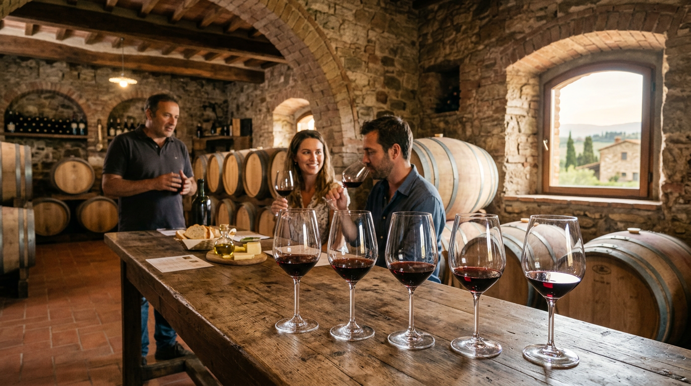 Degustazione di vino toscano con calici rossi e bianchi, vigneti sullo sfondo