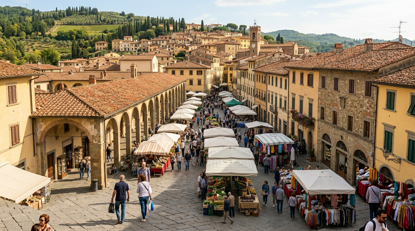 Piazza Matteotti di Greve in Chianti con i portici medievali e le botteghe