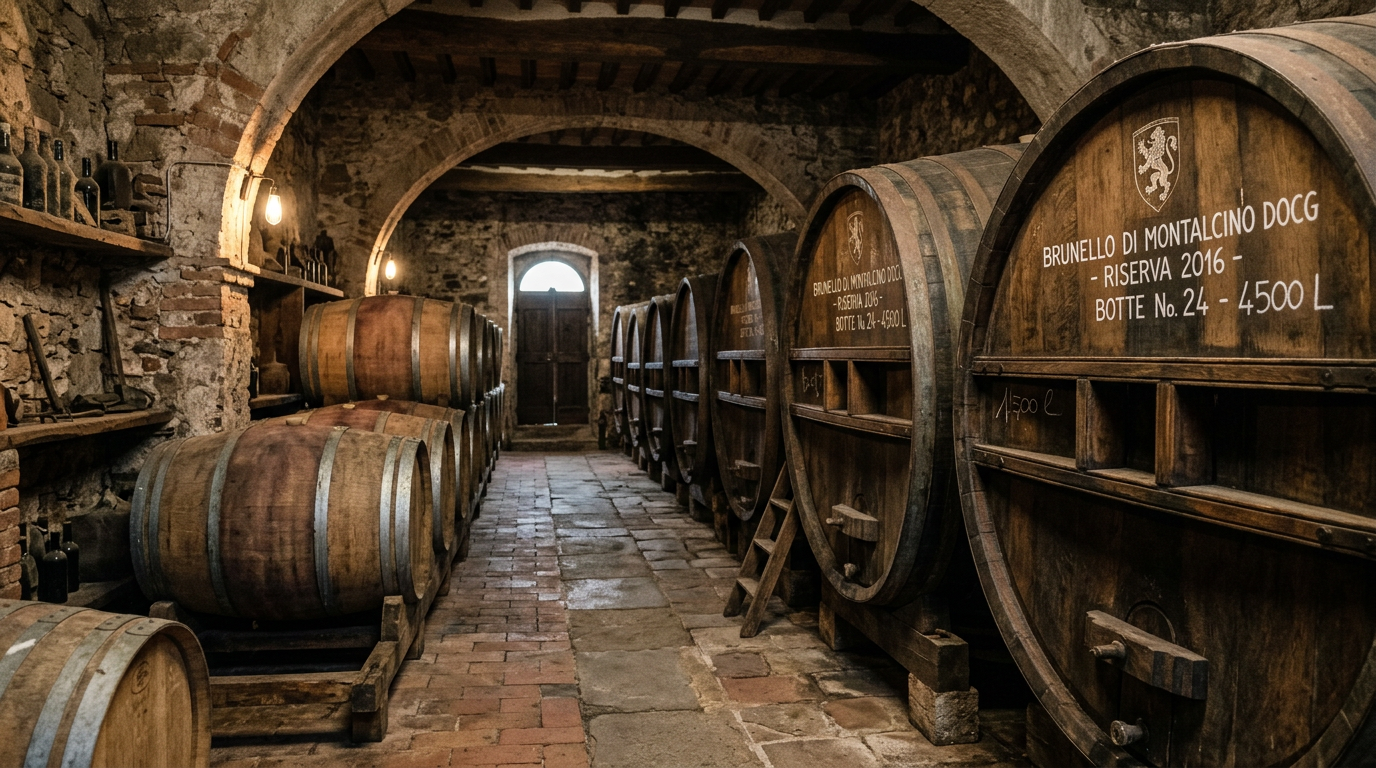 Cantina di Montalcino con botti di Brunello in affinamento