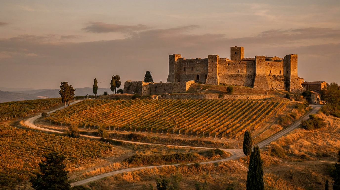 Montalcino con la Fortezza medievale e i vigneti del Brunello in primo piano