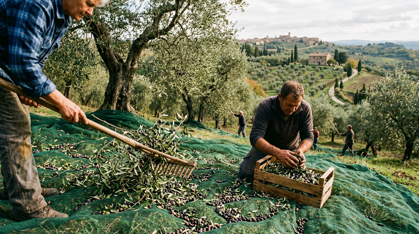 Bottiglie di olio extravergine toscano davanti a uliveti autunnali