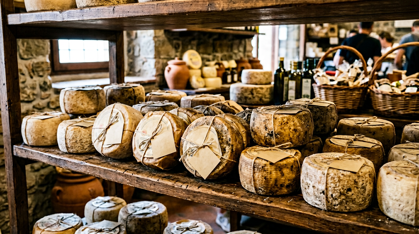 Forme di pecorino toscano su un bancone di formaggeria artigianale