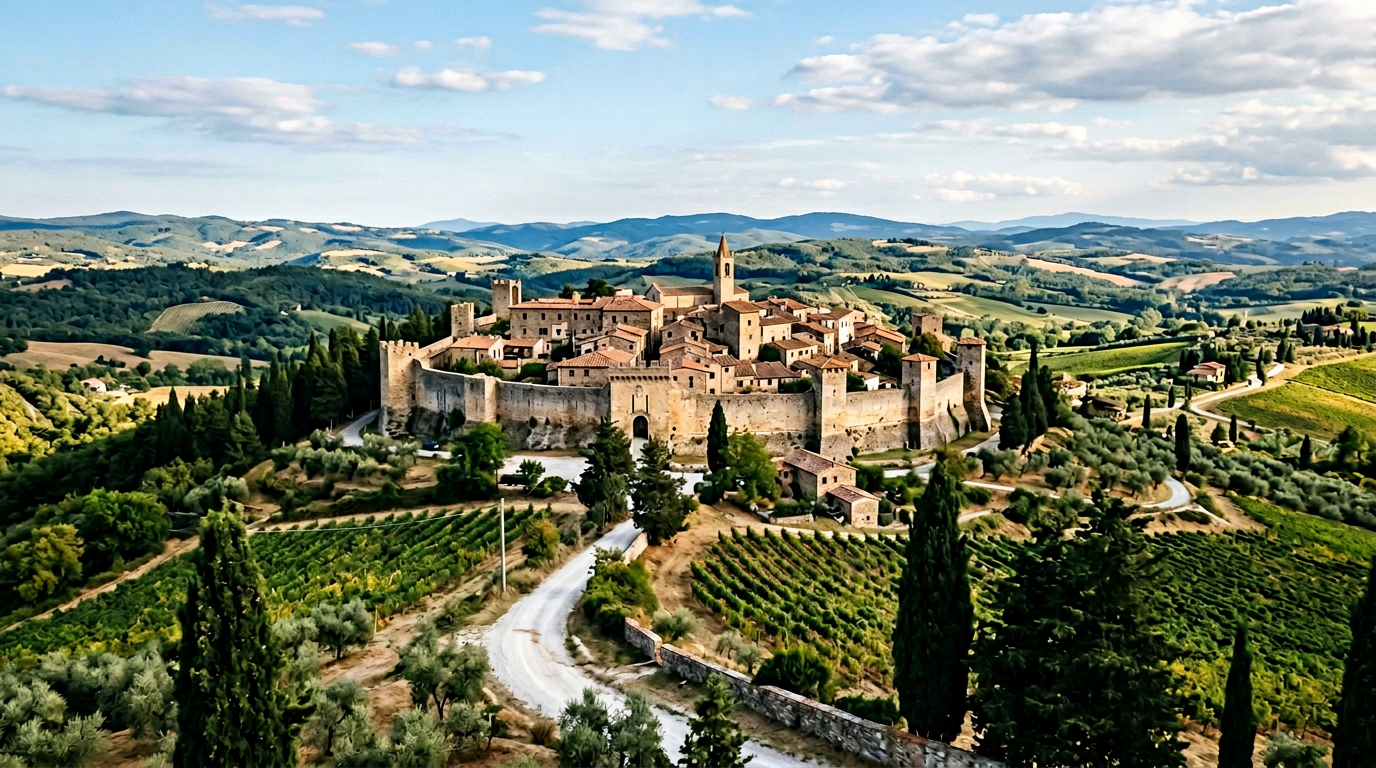 Volpaia il borgo fortezza nel Chianti Classico con le torri medievali e i vigneti