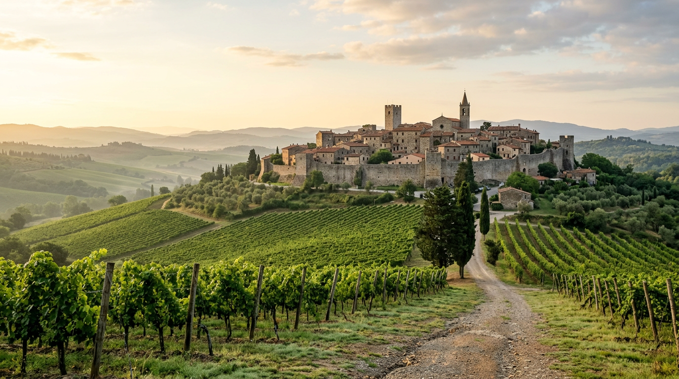 Radda in Chianti con il centro medievale e i vigneti del Chianti Classico intorno
