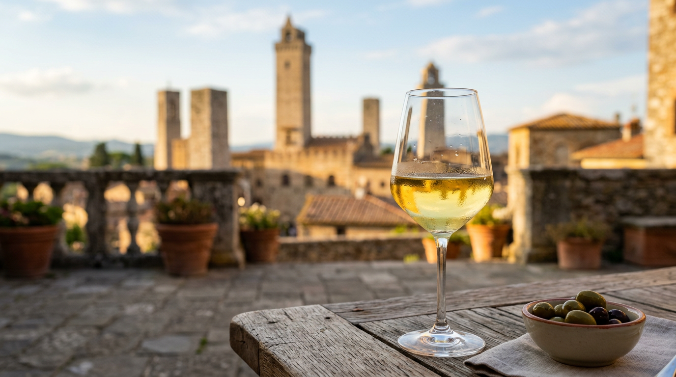 Calice di Vernaccia di San Gimignano con le torri medievali di San Gimignano sullo sfondo