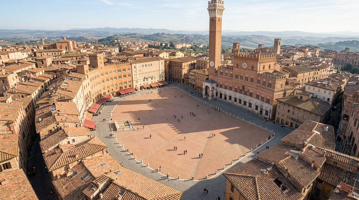 Piazza del Campo di Siena vista dall'alto con il Palazzo Pubblico e la Torre del Mangia