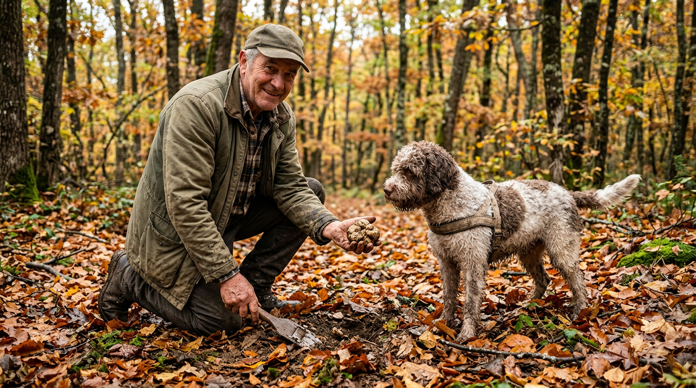 Tartufo nero e bianco su foglie autunnali in un bosco toscano